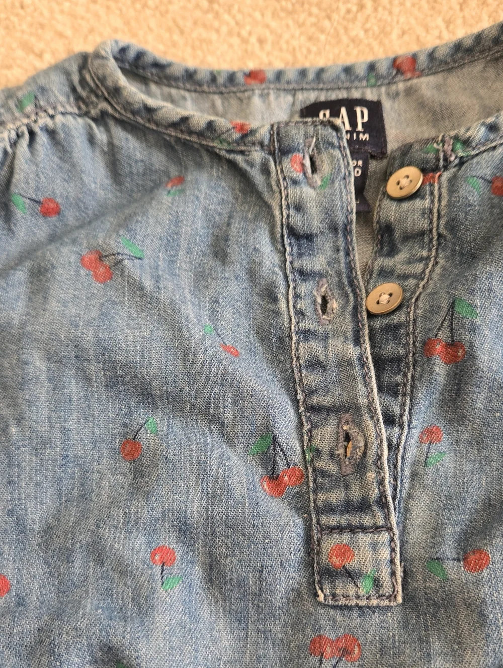 GAP Blue Denim Cherry Print Romper, Size 6-12M